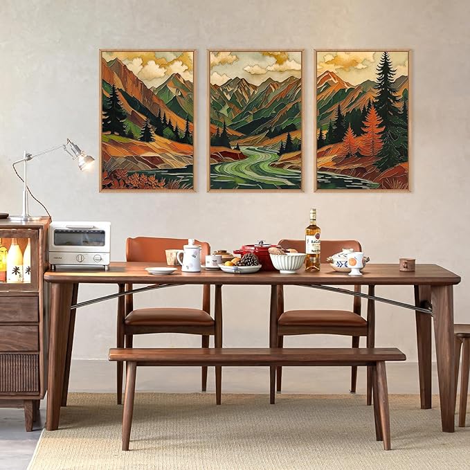 HPINUB Abstract Boho Mountain Framed Canvas Wall Art Set,Vibrant Forest Pine Tree Wall Decor,Textured Landscape Artwork Rustic Linear Scenery Art Print for Living Room,Bedroom,Office-16 x24 x3
