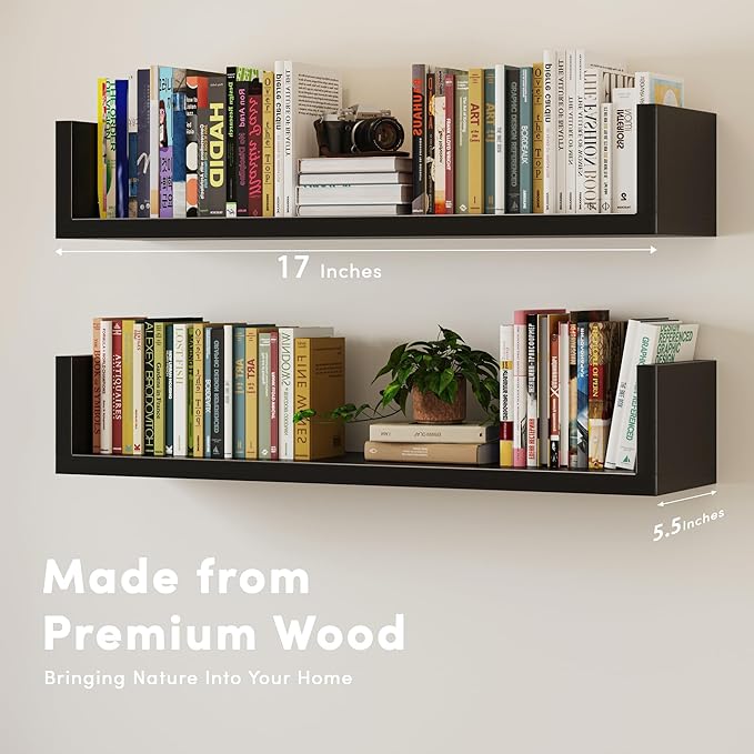Wall Bookshelf, Set of 3, U Shaped Floating Bookshelf, Hanging Bookshelves for Wall, Wall Mounted Shelves for Living Room Bedroom Office (Black, 17 Inches, 3)
