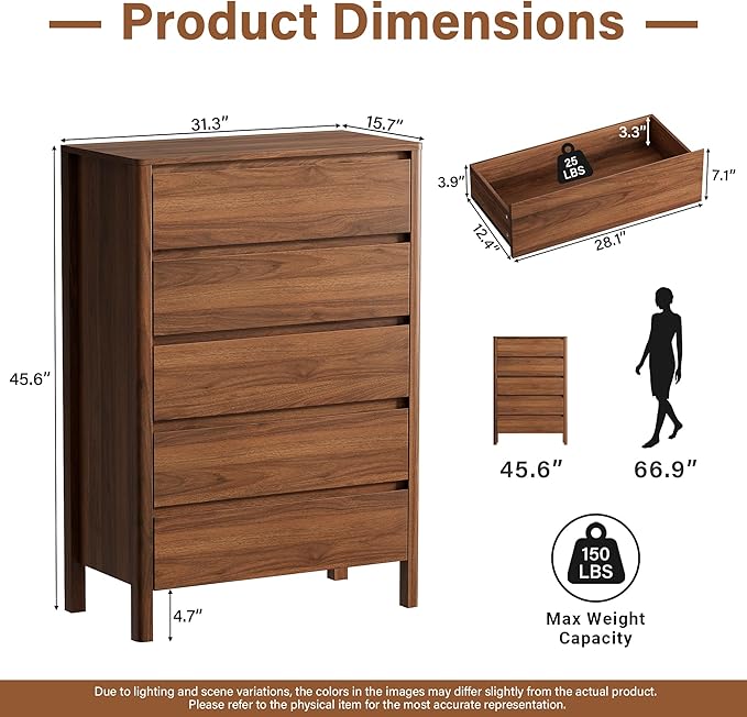 45" Tall Mid-Century Modern Dresser for Bedroom, 5 Drawer Chest of Drawers with Solid Wood Legs, Large Storage Tall Dresser, Walnut