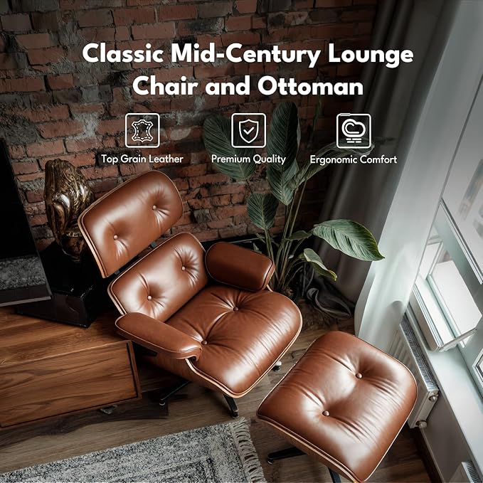 Top Grain Leather, Mid Century Chaise Lounge Chair and Ottoman, Modern Chair Classic Design, Heavy Duty Base Support for Living Room Study Lounge Office, Palisander-Brown