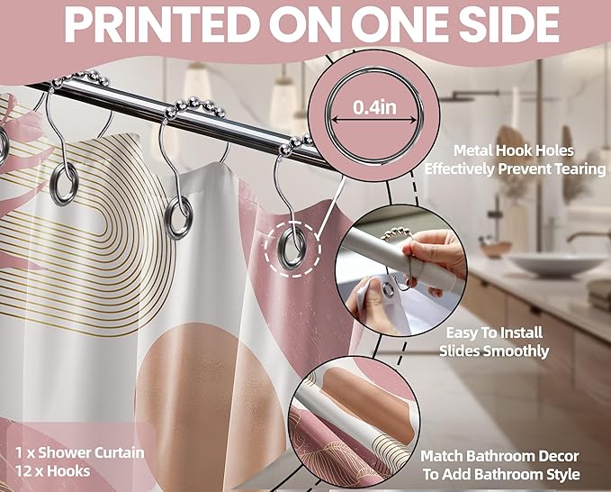 Blush Pink Shower Curtain Light Pink and White Shower Curtains for Bathroom Decor Abstract MCM Bath Curtain Set, Waterproof Fabric with Hooks 60 x 72 Inch