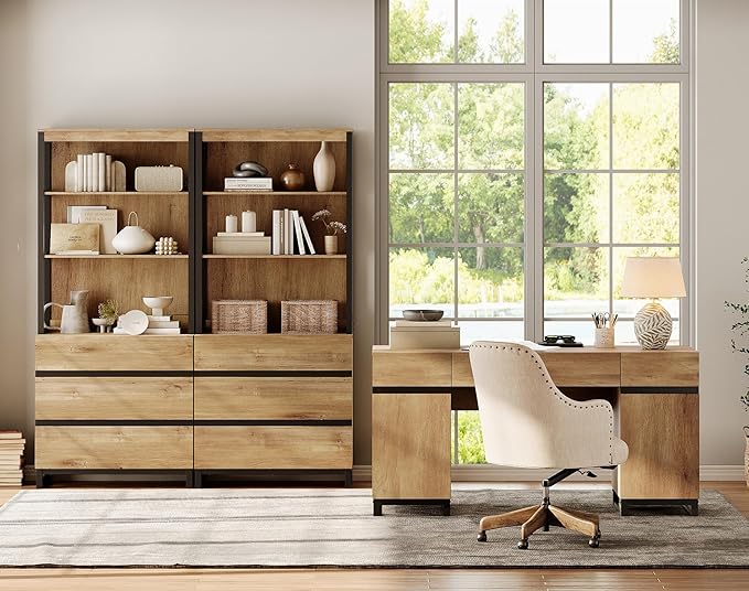 WAMPAT 3 PCS Modern 72" Tall Bookcase with 9 Drawers and Open Book Shelfs, Library Book Shelf with Storage Cabinet and Metal Base, Wood Freestanding Bookshelves for Home Office, Living Room, Oak