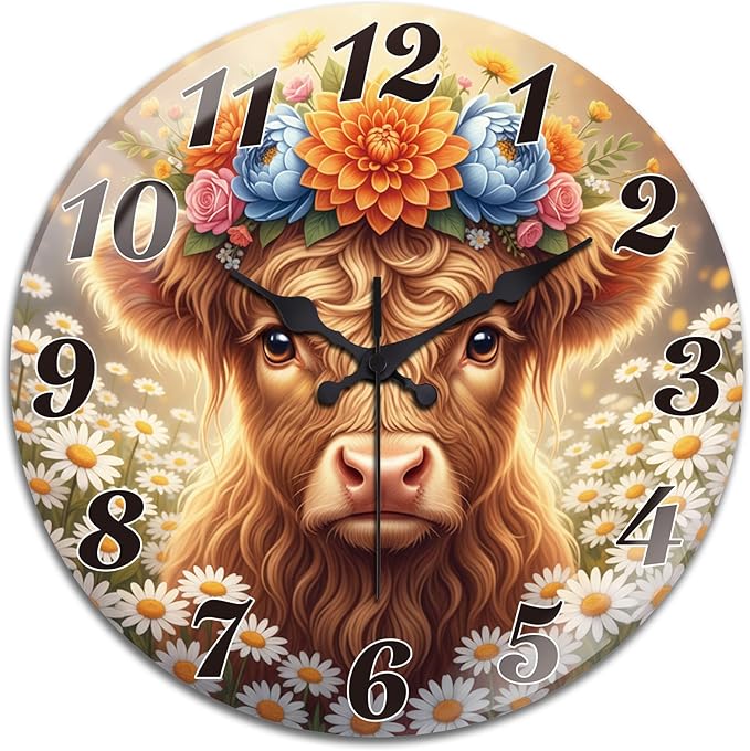 peacoblue Wall Clocks Battery Operated 12 Inch Highland Cattle with Flowers Glass Round Wall Clock Non Ticking for Kitchen Living Room Dining Room Bedroom and Bathroom Decor (Battery not Included)