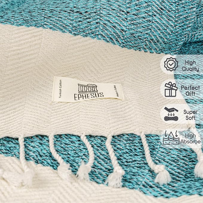 Hand Towels - Set of 2 | 18" x 30" - Decorative Turkish Hand Towel for Bathroom, Kitchen, Guest, Face, Hair, Tea, Dishcloth (Herringbone, Turquoise)