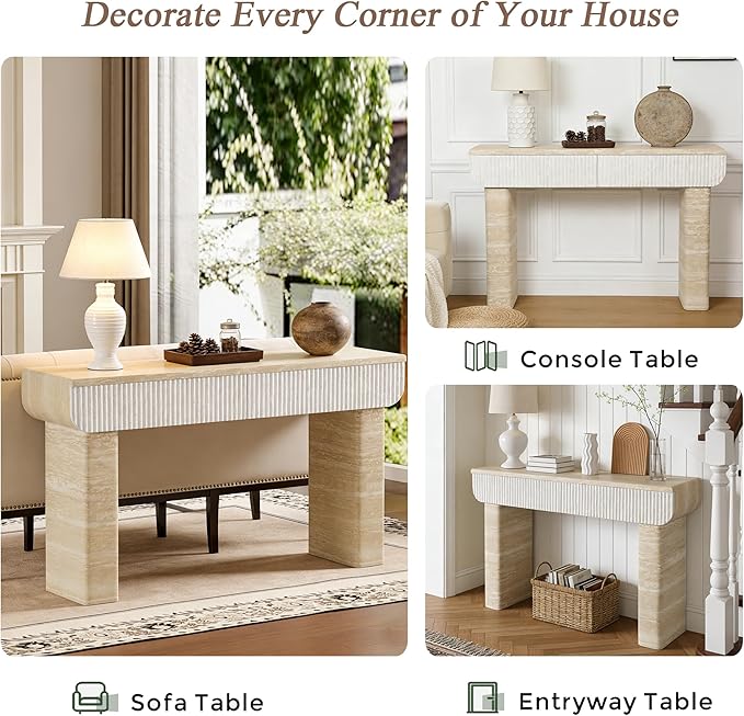 Faux Mars Marble Pattern Console Table with 2 Drawers, 47.2" Skinny Long Sofa Table Behind Couch with Rounded Edges, Wooden Narrow Sofa Table Hall Table for Living Room Foyer Entrance, Marble