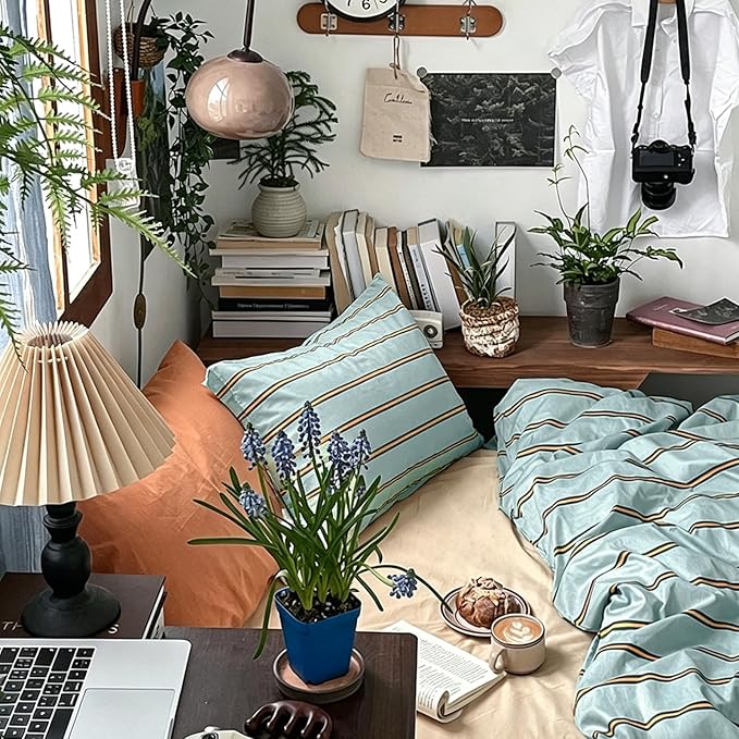 mixinni Retro Mint Blue Striped Duvet Cover Set - 100% Natural Cotton 3-Piece Vintage Stripes Pattern Printed Bedding Set, Soft Breathable Comforter Cover with Zipper Closure & Corner Ties, Twin Size