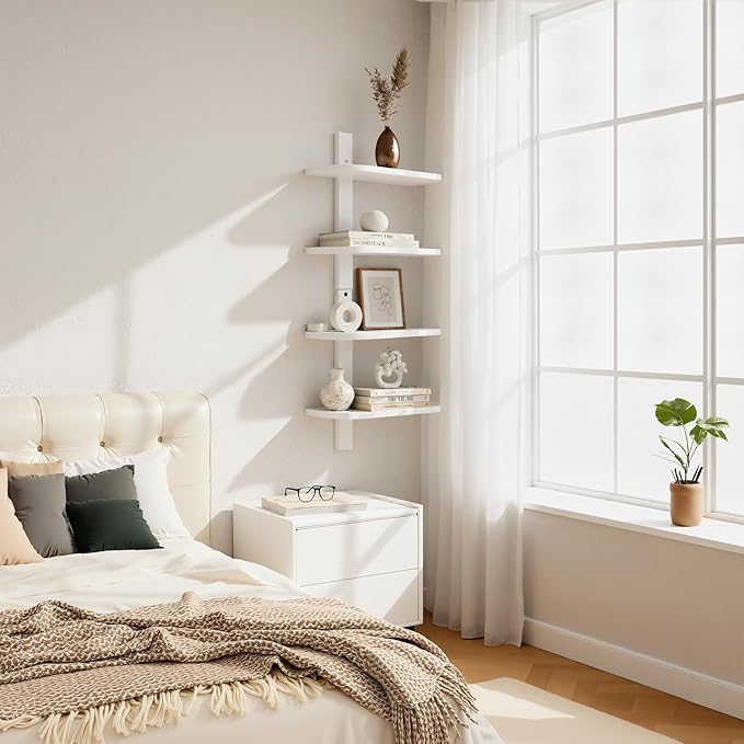 Afuly White Floating Shelves for Wall Display Shelf Unit Modern Decorative Solid Wood Shelving Home Decor Living Room Bedroom Coffee Bar Bathroom Small Space Plant Photo Set of 4