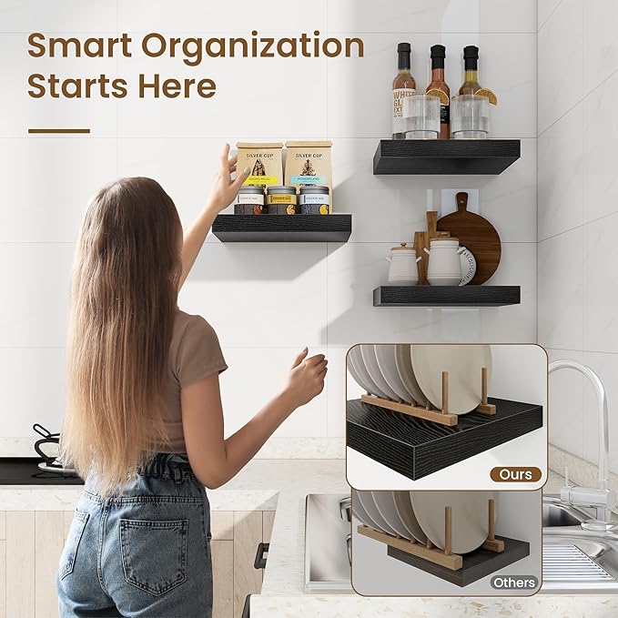 Square Floating Shelves for Wall, 11.5"W x 11.5"D x 1.25"H, 3 Pack Small Wall Mounted Engineered Wood Shelves with Invisible Brackets for Living Room, Bedroom, Bathroom, Kitchen Decor, Black