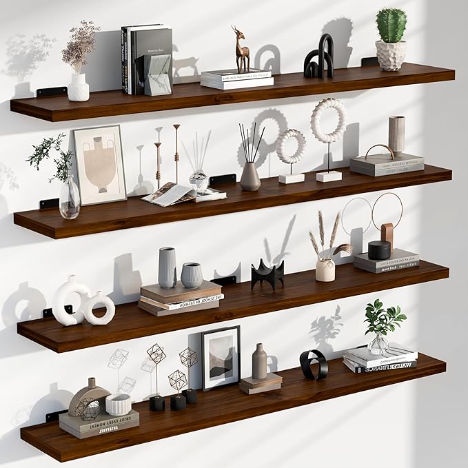 48-Inch Solid Walnut Floating Shelves Set of 4-Rustic Farmhouse Wall Shelves with 100 lb Capacity, Heavy Duty Easy Install for Bathroom, Kitchen, Living Room&Home Decor