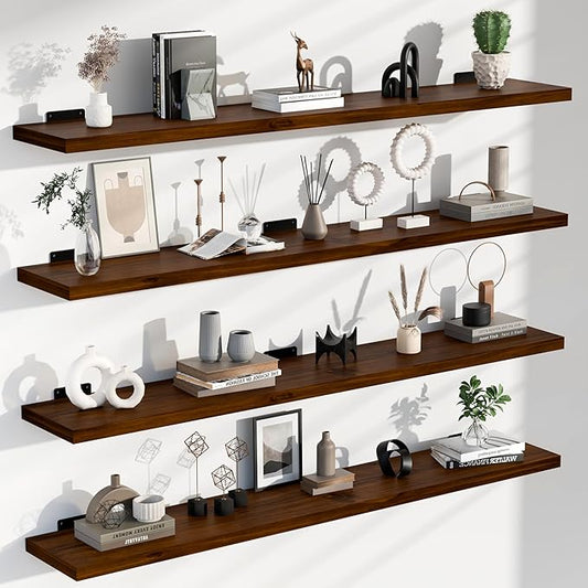 48-Inch Solid Walnut Floating Shelves Set of 4-Rustic Farmhouse Wall Shelves with 100 lb Capacity, Heavy Duty Easy Install for Bathroom, Kitchen, Living Room&Home Decor