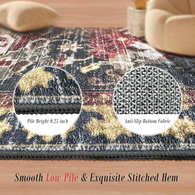 RUGSURE Washable Area Rugs - Perfect for Living Room, Bedroom, Kids Room, Nursery - Stain & Water Resistant Non-Slip, Pet & Child Friendly, Vintage Tribal Area Rugs (Rust, 5' x 7')