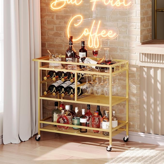 MAHANCRIS Bar Cart for Home, 3-Tier Serving Cart with Wheels and Handle, Beverage Cart with Wine Rack and Glass Holders, Rolling Wine Cart for Kitchen, Dining Room, Gold RCGD81B01