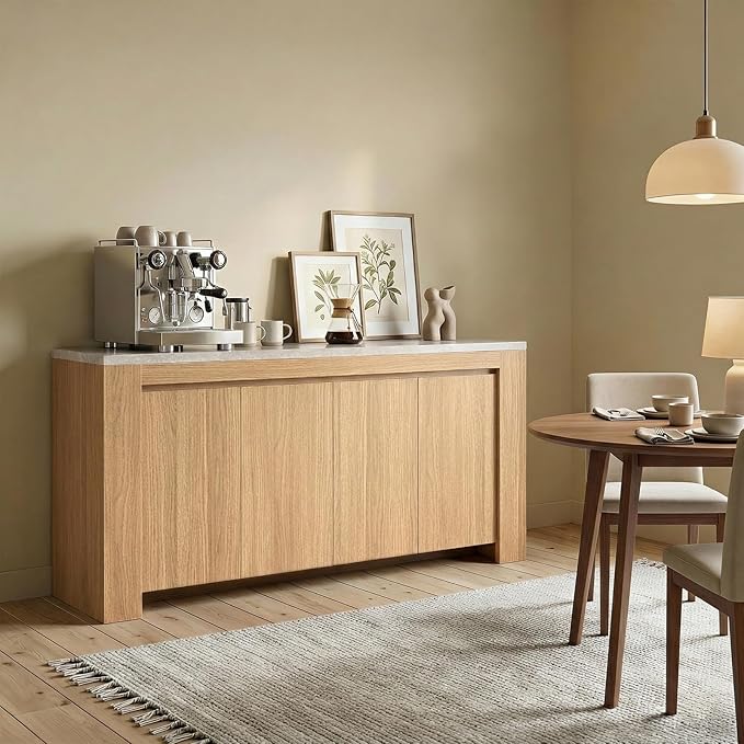 Buffet Cabinet with Storage, 63" Sideboard Buffet Accent Cabinet with Faux Marble Top & 4 Doors, Modern Buffet Table Credenza Cabinets for Living Room, Dining Room, Kitchen（Natural Oak）