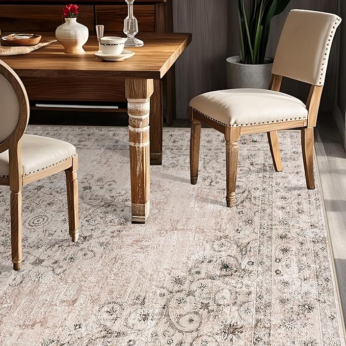Area Rug 5x7 Vintage Rug: Washable Indoor Medallion Rugs Low Pile Distressed Floor Carpet Retro Accent Rug for Living Room Bedroom Kitchen Dining Table Home Office(Distressed Brown, 5'x7')