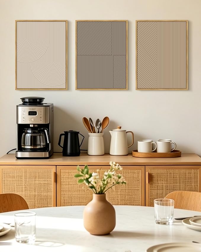 KUVIOKE Minimalist Abstract Bohemian Framed Wall Art Modern Boho Neutral Line Wall Decor Geometric Artwork Bedroom Dining Room 12x16in (Natural Framed)
