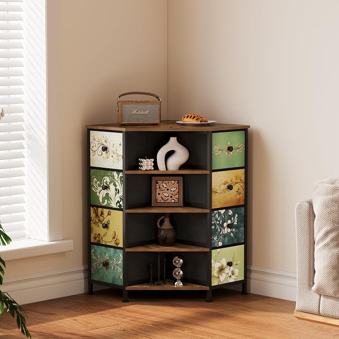 LUMTOK 8 Drawers Corner Dresser with Storage Fabric Drawers and Open Shelves for Small Space，Bedroom，Entryway，Living Room (Retro Pattern)