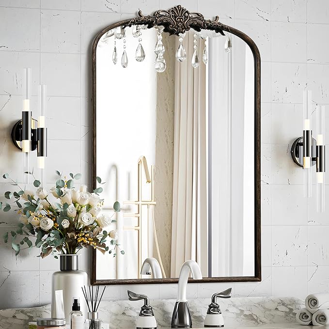 Besdomus Antique Large Arched Mirror: 24"x36" Arch Black Vintage Wall Mounted Mirror - Traditional Ornate Home Decor for Entryway/Fireplace/Bathroom/Bedroom - Idea for Young Couples