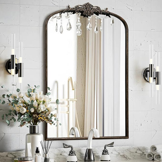 Besdomus Antique Large Arched Mirror: 24"x36" Arch Black Vintage Wall Mounted Mirror - Traditional Ornate Home Decor for Entryway/Fireplace/Bathroom/Bedroom - Idea for Young Couples