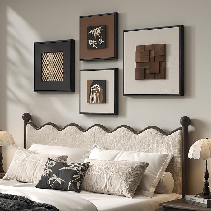 Framed 3D Wood Wall Art Decor for Living Room, 4 Piece Abstract Modern Minimalist Neutral Textured Artwork for Walls, Black Brown Beige Wall Decor for Dining Room, Hallway, Bedroom, Office