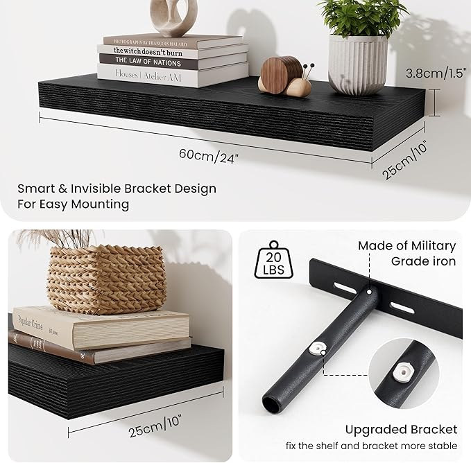 Fun Memories 24 Inch Floating Shelves Wall Mounted, 10 Inch Deep Wall Shelves, 24 x 10 Floating Shelf for Living Room Bathroom Bedroom, Black, Set of 2