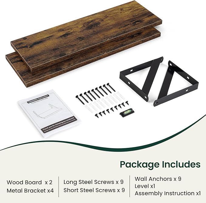 Floating Shelves, 8 Inch Deep Rustic Wood Wall Storage, 24W x 8D Wall Shelves Set of 2, Heavy Duty Metal Brackets, Industrial Book Shelf for Living Room, Kitchen, Bathroom, Bedroom, Brown