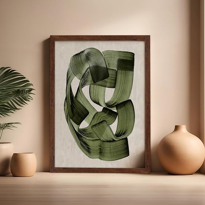 Poster Master Green Abstraction Poster - Brush Strokes Print - Painted Swirl Art - Chic Boho Design - Abstract Illustration - Great Office or Living Room Decor - 16x20 Brown Framed