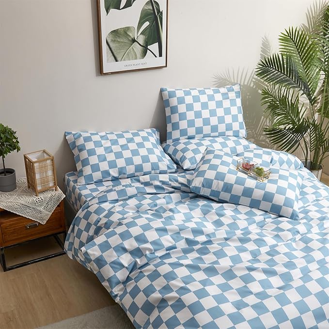 Pureant Blue and White Plaid Comforter Set Full Blue Checkerboard Grid Bedding Comforter Sets Blue Buffalo Grid Full Comforter for Women Men Soft Checkered Geomertic Full Size Comforter Sets
