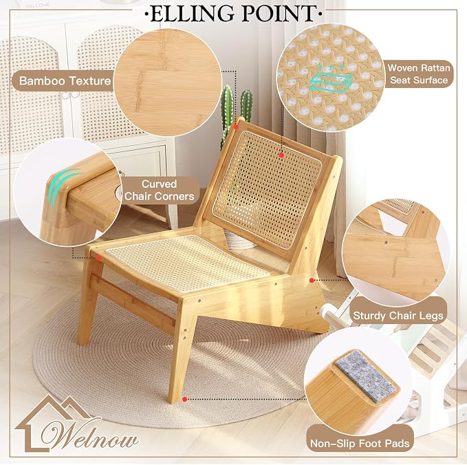 Welnow 2-Pcs Mid Century Rattan Accent Chair, Bamboo Wood Lounge Chair with Woven Cane Backrest, Low Armchair for Living Room, Bedroom, Balcony or Reading Corner, Natural