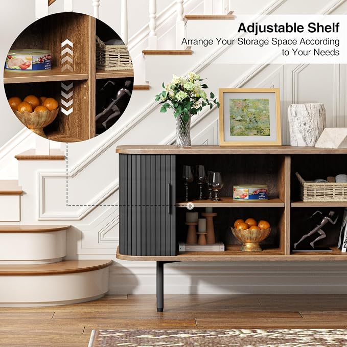 55''W Storage Cabinet, Fluted Sideboard Buffet Cabinet with Storage, Console Table Credenza with Tambour Slatted Sliding Doors and Shelves, Modern TV Stand for Living Room, Kitchen, Entryway, Black