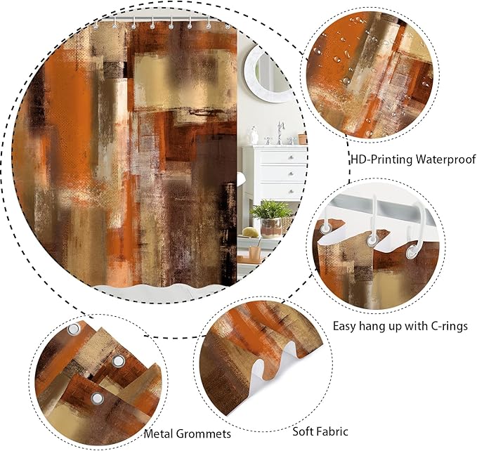 Burnt Orange Abstract Oil Shower Curtain, Modern Art Red Brown Painting Fabric Bathroom Curtains Decor Set, Waterproof Polyester Fabric Bath Curtain with Hooks 72x84 Inch