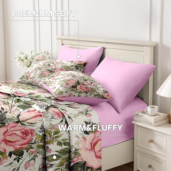 Nesker 7 Pcs Comforter Set Queen Size, Vintage Summer Rose Flower Bedding Set for Kids and Adults, Shabby Chic Herbs Sheets Bed Sheet Sets with Fitted Sheet 2 Pillowcases & 2 Shams