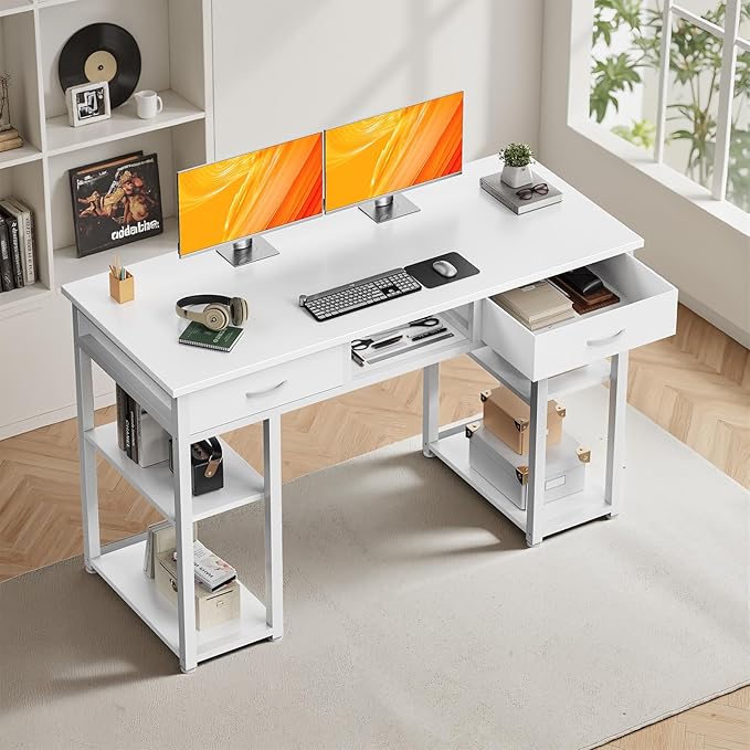 DUMOS 48" Small Computer Home Office Desk for Bedroom with Drawers, Gaming Writing Study Table with Storage Shelf, Adjustable Feet, Compact Desk for Gaming and Home Office Use, Metal Frame White