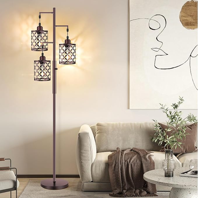 Dimmable Floor Lamp, Farmhouse Standing Lamp with Elegant Metal Cage, Industrial Tall Tree Floor Lamps for Living Room, Bedroom, Study Room, Office, 3 x 800LM LED Bulbs Included, 72", Brown