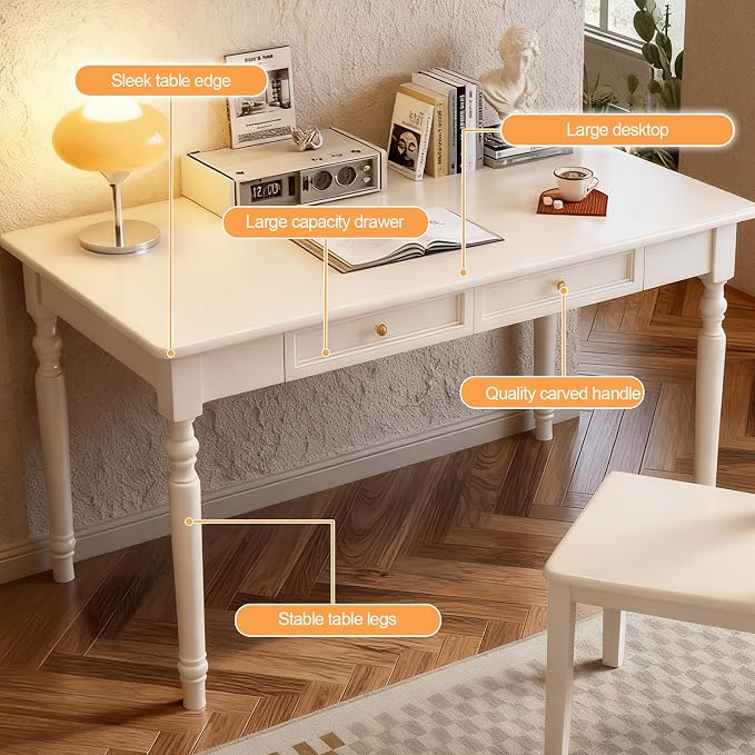Solid Wood French Country Desk,Writing Desk with Storage Drawers,Farmhouse Computer Table Makeup Table Modern Simple Style,for Home Office Living Room Study Workspace Bedroom (White, 47.2IN)