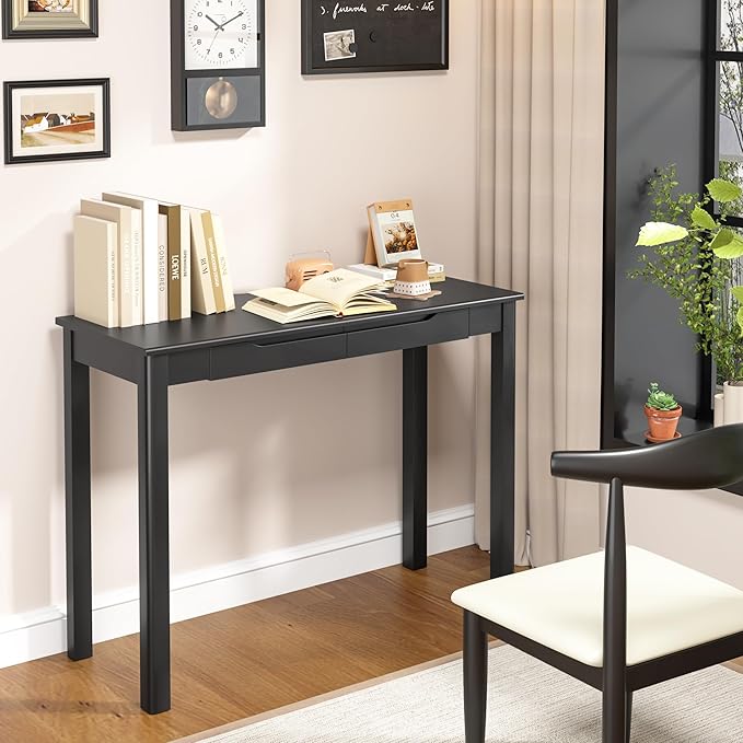 Solid Wood Desk with Drawers - 39 x 16 Inch Simple Narrow Desks, Modern Computer Desks, Rubber Wood Study Table, Small Writing Desk for Bedroom|Small Spaces - Black