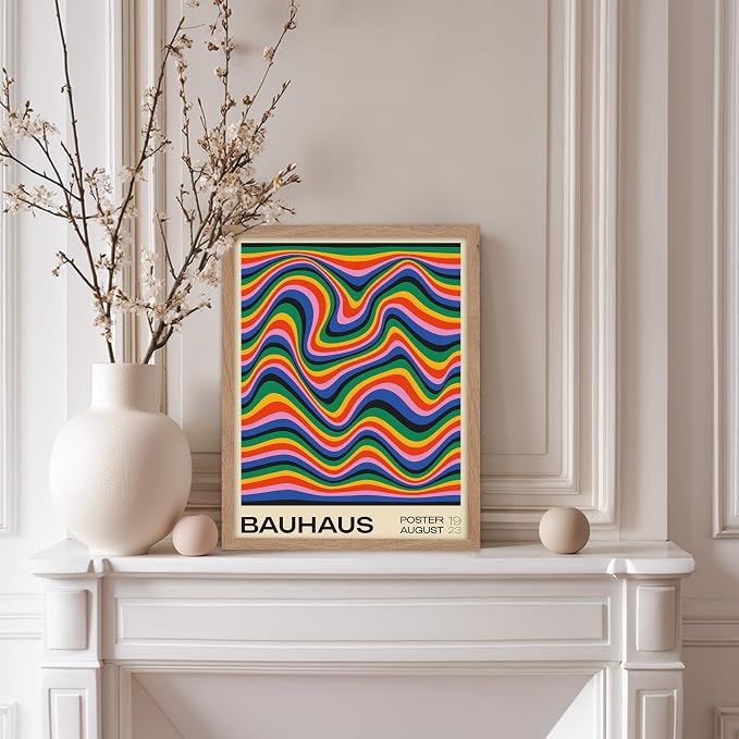 Poster Master Bauhaus Poster - Psychedelic Waves Print - Abstract ART - Rainbow ART - Groovy Style - Chic Boho - Mid Century Modern - Living Room or Bedroom Wall Decor - 8x10 Beige Framed