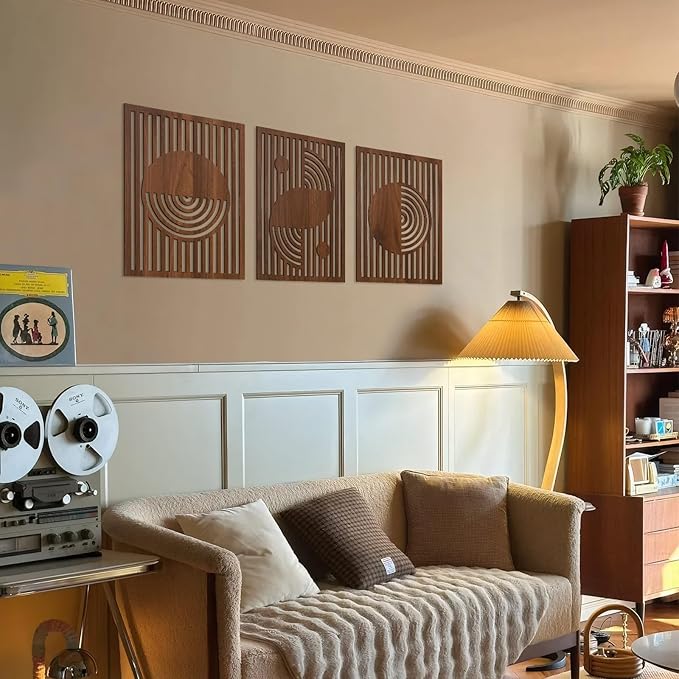 pechpell Set of 3 Mid Century Modern Wall Art, 15.7×11.8 Inch Brown Wooden Abstract Wood Wall Panels, Minimalist Geometric Decor for Living Room Bedroom Rustic Farmhouse Home Decorations