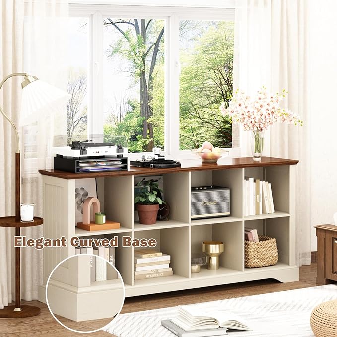8 Cube Storage Organizer - 62" Long Farmhouse Wood Low Bookshelf, Horizontal Open Shelf Bookcase Cubby Storage Console Cabinet for Living Room, Entryway, Office, Antique White