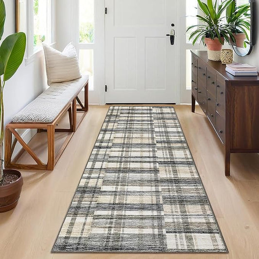 Washable Runner Rug 2x6 Runner Moder Plaid Tartan Non Slip Kitchen Rugs Low Pile Entryway Rug Soft Bathroom Rugs Stain Resistant Carpet for Hallway Laundry 2'x6' Blue&Beige