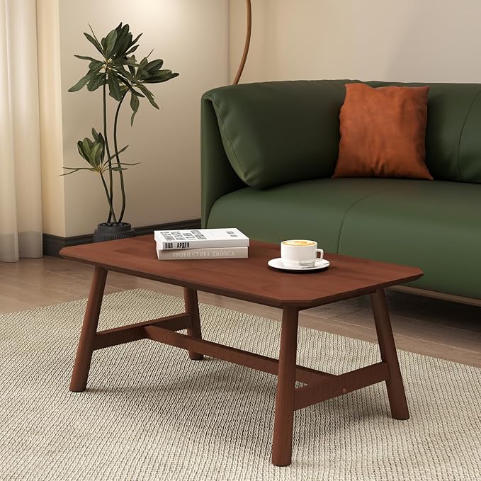 CIMOTA Walnut Wood Coffee Table, Mid-Century Modern Rectangular Center Table, Solid Wooden Tea Table for Living Room, Retro Dark Brown Finish, 35.5" x 20"