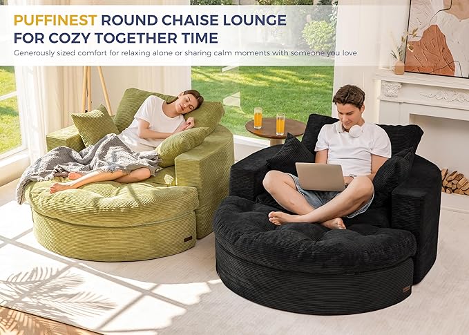 MAXYOYO Oversized Round Chaise Lounge Sofa, Upholstered Lounge Chair with 3 Pillows, Boneless Sofa Couch with Ottoman, Deep Seat Chair for Living Room, Bedroom, No Assembly, Black