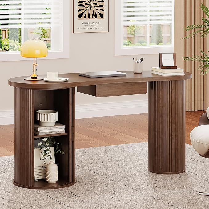 ONBRILL 59 Inches Fluted Office Desk with Storage, Bean-Shaped Computer Desk with Drawer, Mid-Century Modern Curved Corner Desk with Sliding Door for Work and Study,Walnut