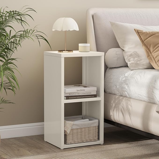 IRONMIX Metal 2 Cube Storage Organizer, Short White Bookshelf with Storage Cabinet, Narrow Nightstand, Modern Cube Storage Shelf Slim Bedside Table for Small Places, Living Room, 15 min Assembly
