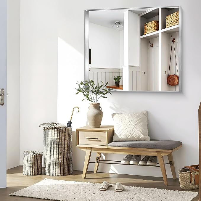 CIRCUMI Silver Bathroom Mirror, 40"x48" Rectangular Mirror with Deep Metal Frame, Brushed Finish, Tempered Glass, Large Mirror for Wall, Over 2 Sinks, Installed Vertically/Horizontally, Crystal-Clear