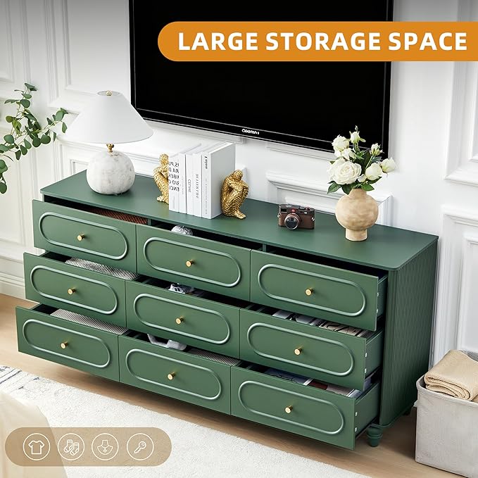 ORRD 9 Drawer Fluted Dresser for Bedroom, Mid Century Modern Chest of Drawers, Wood Storage Small Dresser Organizer for Bedroom Living Room Hallway Closet, Green