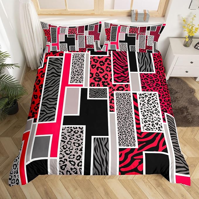 Erosebridal Red Black Grey Leopard Bedding Set King African Animal Leopard Skin Print Duvet Cover Cheetah Zebra Wildlife Comforter Cover for Kids Teen Adults,Geometric Stripes Patchwork Bed Set