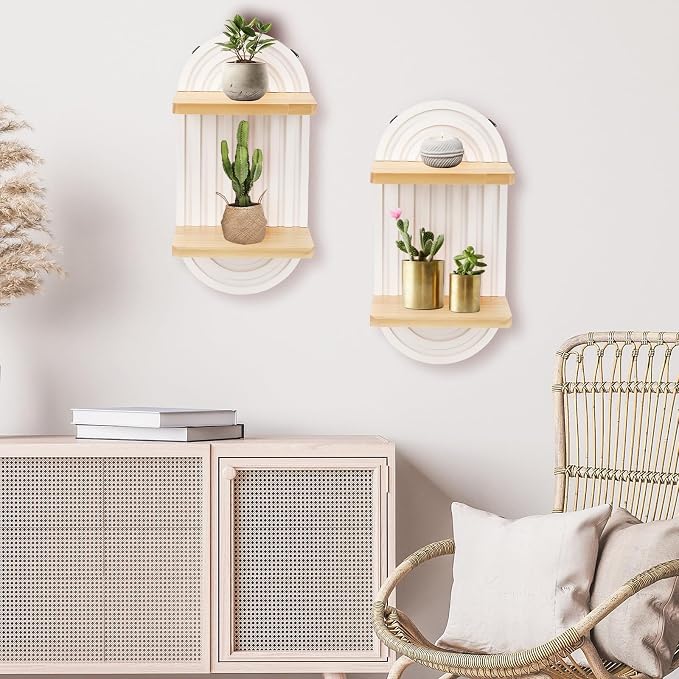 Qivine Boho Wall Shelf 2 Pcs 2 Tier Shelves for Room Wall Wood Floating Shelf with Arched Wood Design Wall Mounted for Living Room, Bedroom, Bathroom Decor (White, 2-Tier)