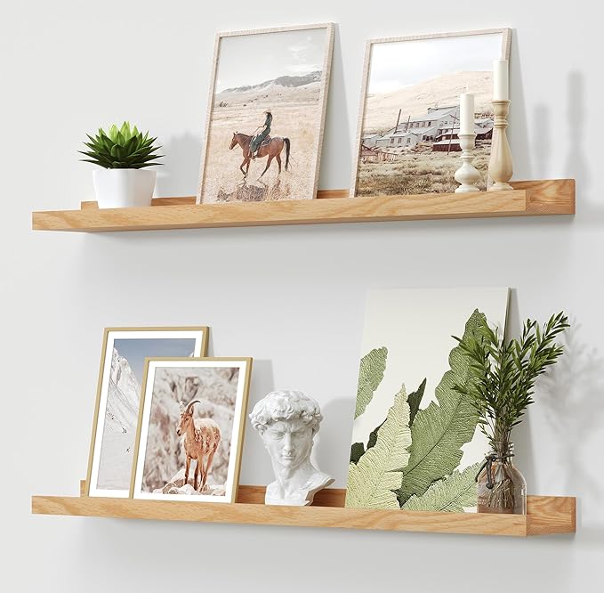 Vivelove Oak Floating Shelves Wall Mounted Set of 2, Rustic Large Wall Shelves for Storage with Lip, Display Picture Ledge with Lip for Storage, Bedroom, Living Room, Bathroom,Nursery Display