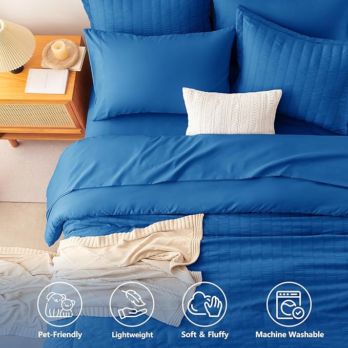 CozyLux Queen Comforter Set Classic Blue, 7 Pieces Seersucker Textured Luxury Bed in a Bag Queen, All Seasons Soft Bedding Sets with Down Alternative Comforter, Sheets, Pillowcases & Shams, Home Gift