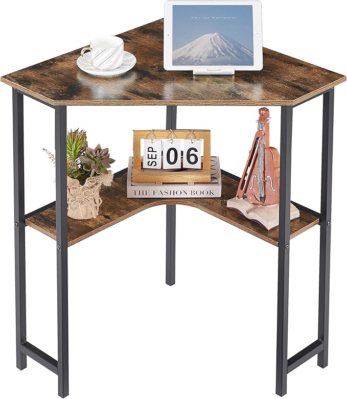 VECELO Small Corner Computer Desk 33 x 23 inches with Storage Shelves for Small Spaces,Triangular Shape,Brown